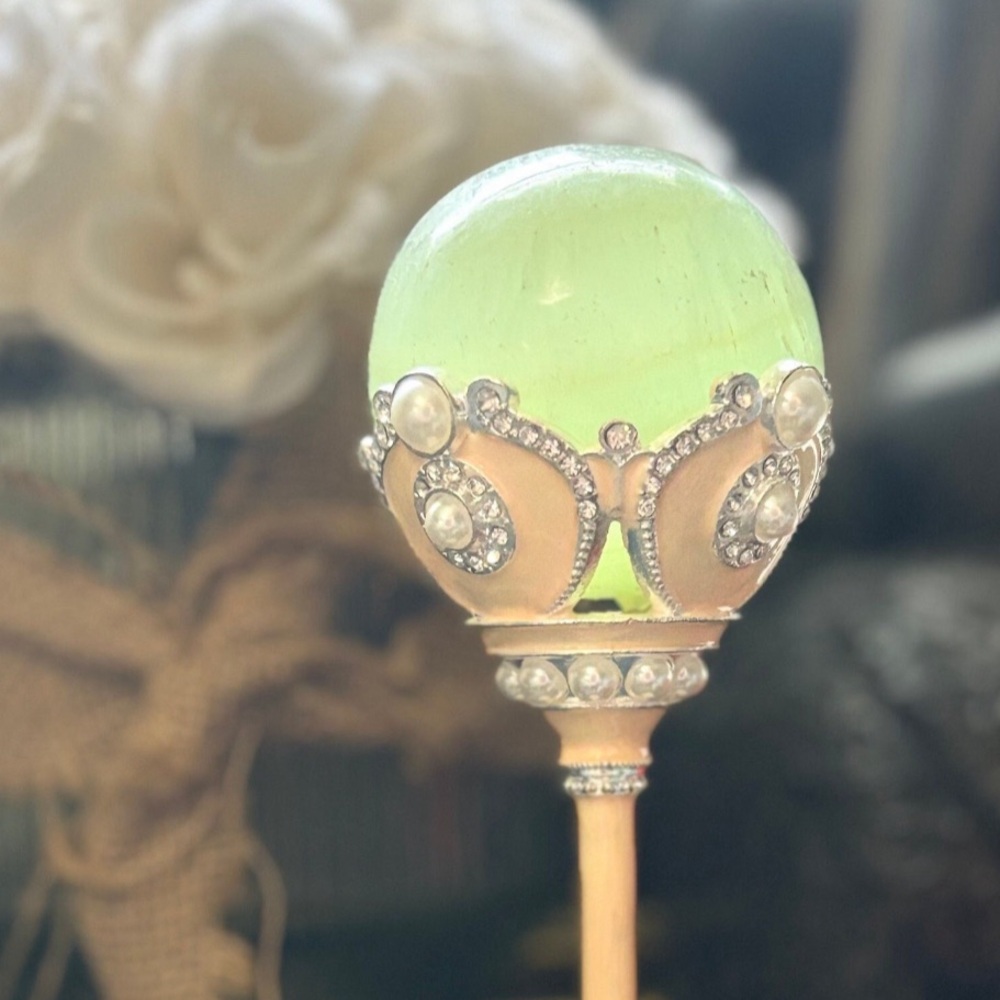 Authentic Pistachio Calcite Crystal ball with vintage inspired stand